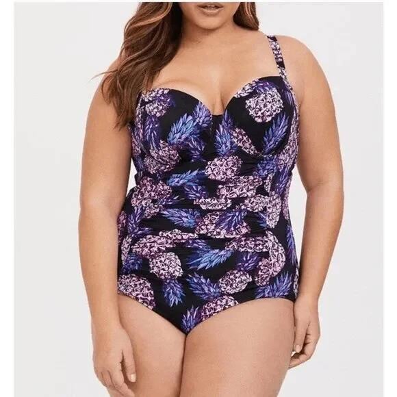 Torrid Tropical Pineapple Push Up Demi Bra Slim One Piece Ruched Swimsuit 1X - Picture 1 of 16